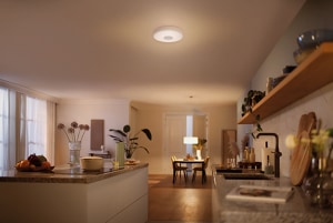 Una gran cocina está iluminada con poca luz por una iluminación de techo y una luz suspendida