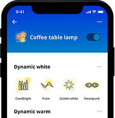 "Interfaz de la app WiZ para lámparas LED, que muestra preajustes dinámicos de luz blanca y cálida para una iluminación doméstica personalizable".